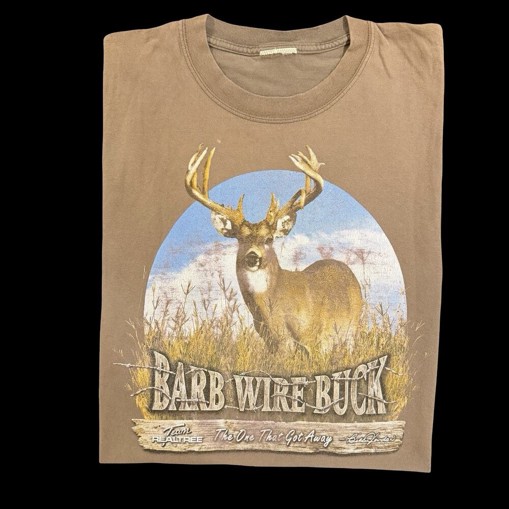 Vintage Realtree Barb Wire Buck Deer Graphic T Shirt Brown Mens XL